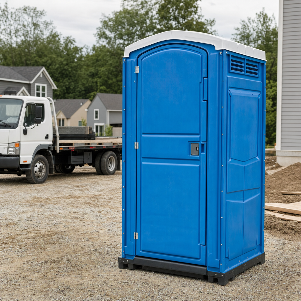 Delivery driver positioning a clean royal-blue portable toilet on level ground at a Malden worksite