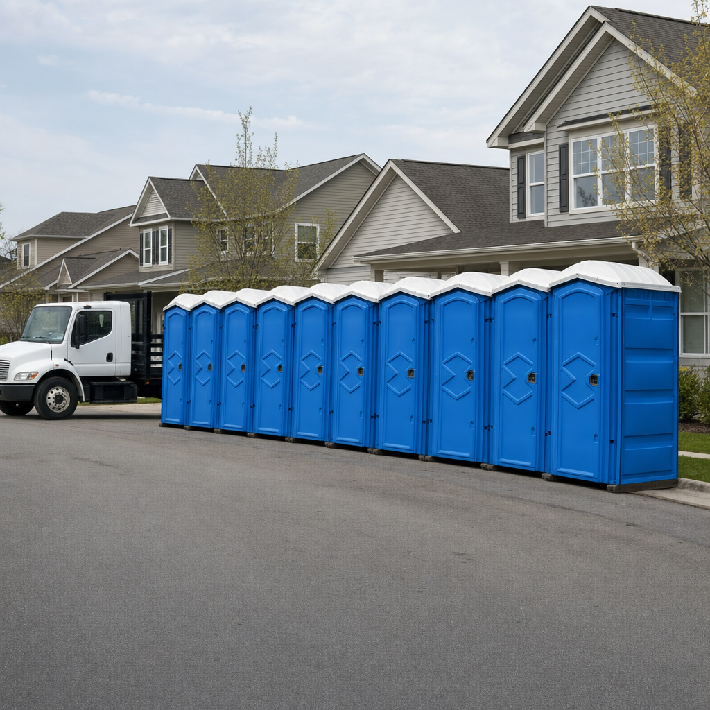 Royal blue portable toilets staged in a tidy row at a Malden jobsite, ready for delivery